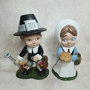 Vtg 1970 Atlantic Mold 13" Ceramic Pilgrim Couple Figurines Set Thanksgiving